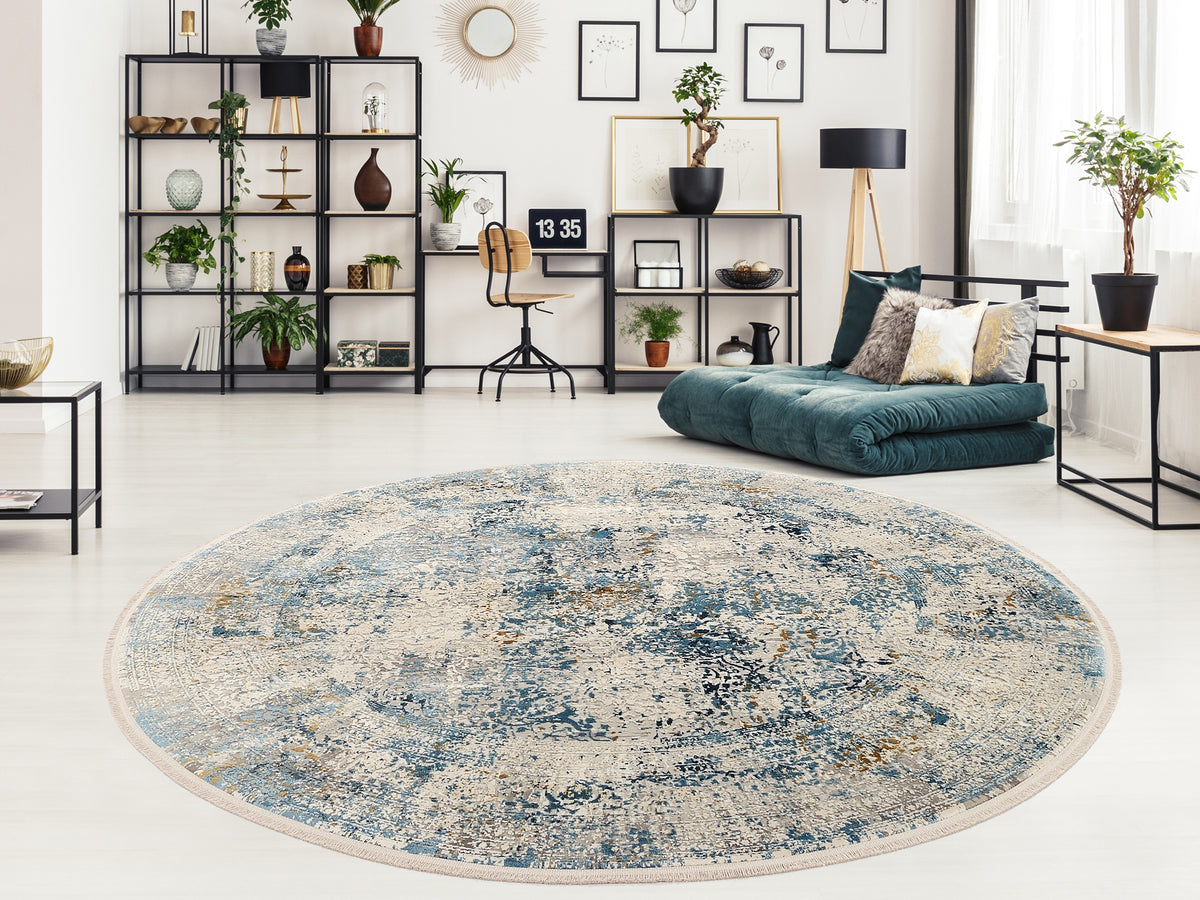 OCI Teppich BESTSELLER CAVA grau-blau Rund Vintage Designer Teppich